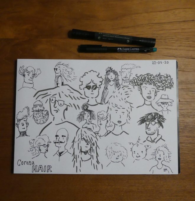 doodle drawing of random people with corona hair - different hairstyles.